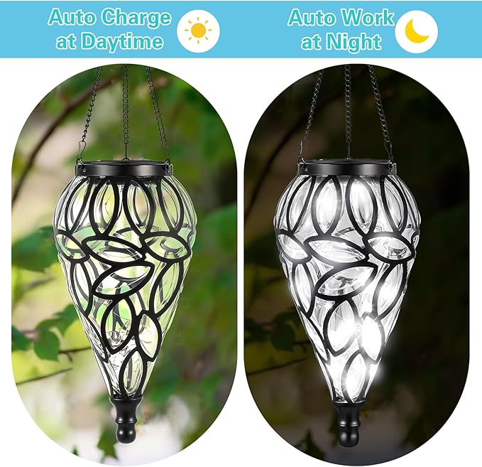 2 Set Solar Hanging Lantern Lights Outdoor Chandelier Moroccan Hanging Solar Light Tear-Shaped 15 LEDs Cool White with S Hooks for Summer Garden Yard Pathway Landscape Porch Decor(Transparent)