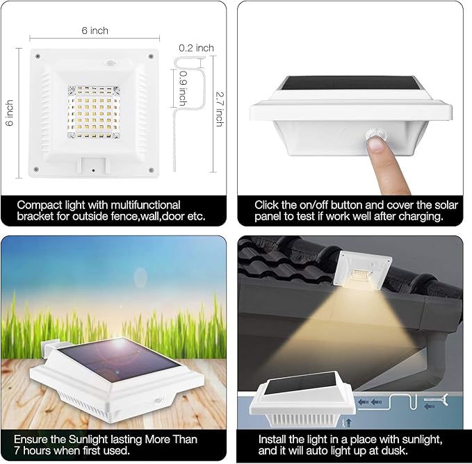 KEENZO Solar Powered Gutter Lights Waterproof Outdoor Dusk to Dawn 25 LED Deck Fence Wall Stair Step and Yard Cool/Warm White LED Eaves Garden Landscape Pathway (Warm White Light_2 PCS, White)