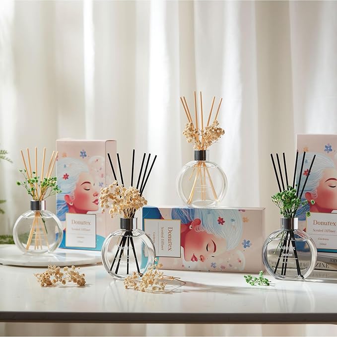 Flower Reed Diffuser Set 5.07oz Jasmine Scent Diffuser with Sticks Home Fragrance Reed Diffuser for Bathroom Shelf Decor