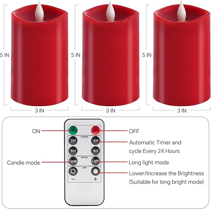 3PCS, 3 x 5 inches Flameless Candle with Remote Control, 3D Flickering Wick, Real Wax Pillar LED Candles, Battery Candles,with Timer,for Holiday Home Decor, Red