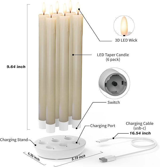 6 Pcs Rechargeable Flameless Taper Candles with Charging Station, Real Wax LED Taper Candles Flickering with Remote&Timer,3D Battery Operated Window Candlesticks for Home Wedding Christmas Decor Ivory