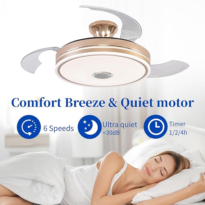42 inch Ceiling Fan with Light, Retractable Chandelier Ceiling Fans with Lights, Bladeless Ceiling Fan with Light for Bedroom Living Room