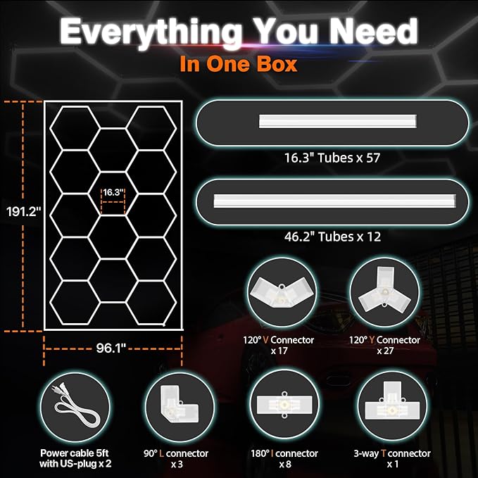 Hexagon Garage Lights : 3 Level Dimmable 14 Grids Hexagon LED Lights with Rectangle Frame - 6500K Super Bright Hex Light for Garage, Warehouse, Car Detailing Shop, Exhibition Hall, Gym