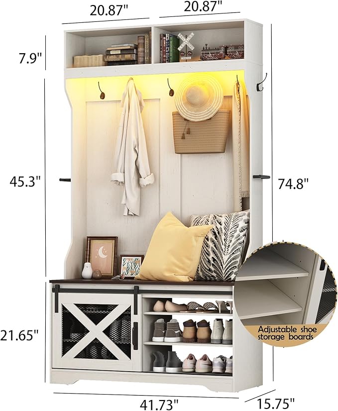 75''H LED Farmhouse Hall Tree with Bench and Shoe,Entryway Bench with Coat Rack,12 Shoe Cubbies & Umbrella Holder,Mudroom/Hallway Storages Cabinet(White)