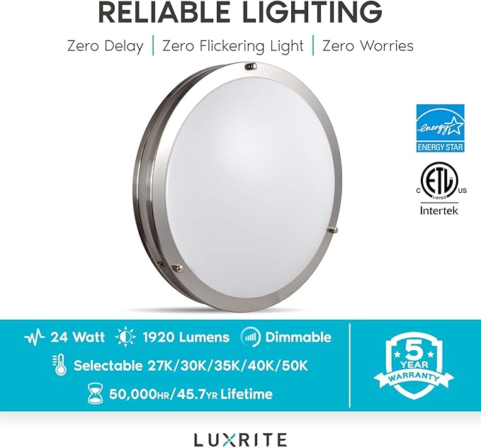 LUXRITE 16 Inch LED Flush Mount Ceiling Light, CCT Color Temperature Selectable 2700K | 3000K | 3500K | 4000K | 5000K, Dimmable Ceiling Light Fixture, 24W, 1960 Lumens, Energy Star, ETL Listed