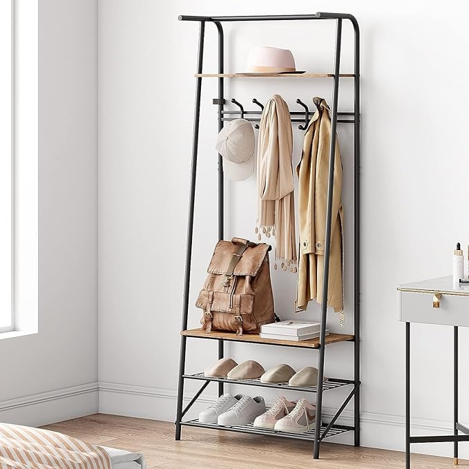 Coat Rack Shoe Bench with 5 Hooks, Entryway Hall Trees with Storage, Multifunctional Hallway Organizer, Wood Look Accent Furniture with Metal Frame, 4-in-1 Hall Trees Shoe Bench (1 Row-5 Hooks)