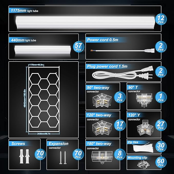 Hexagon Garage Lights 3 Level Dimmable with Rectangle Frame, High Brightness 672W 26000 to 86400LM 6500K, 14 Hex Grid for Garage, Shop, Basement, Car Detailing Shop etc. with Mounting Clip