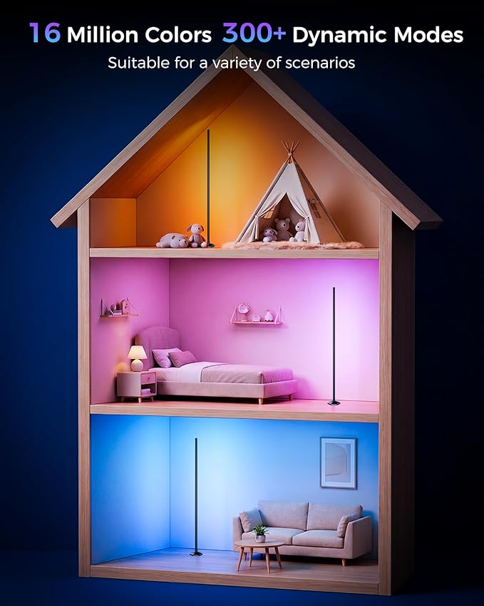 2 Pack Corner LED RGB Floor Lamp, Smart Dimmable Corner Light with Music Sync, Color Changing Ambient Lighting with App and Remote Control, for Bedroom, Living Room Gaming Room