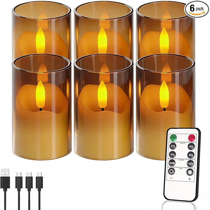 Rechargeable Operated Acrylic LED Tealight with Remote Control and Timer,Amber Flickering Flameless Candles for Home Decor, Valentines, Holidays (Set of 6