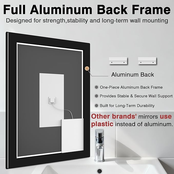 72x40 Large LED Bathroom Mirror with Lights -Black Aluminum Rimmed (Front and Backlit),Fogless Mirror with Lights,Stepless Dimmable Lighted Mirror,3 Colors Smart Mirror(Horizontal/Vertical)
