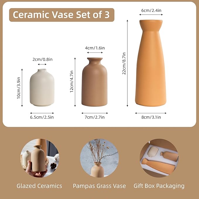 Ceramic Small Vase Set of 3,Modern Boho Farmhouse Home Decor,Pampas Grass Vase,Minimalist Decor,for Entryway Table,Bookshelf,Living Room, Bedroom,Kitchen,Coffee Table Decoration