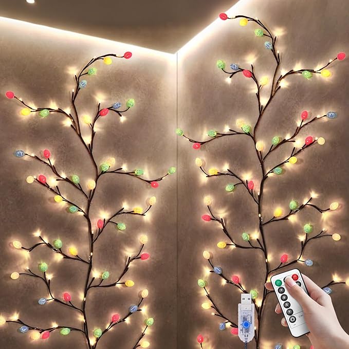 Easter Egg LED Tree Branch Lights for Wall,Easter Egg Willow Vine Twig Decor,USB Interface,with 144 LED Lights and Remote,8 Lighting Modes,for Home,Walls,Doors Windows (90inch)