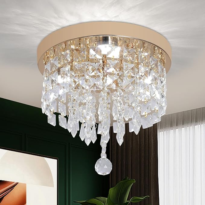 Deckrico Gold Crystal Chandelier Flush Mount Ceiling Light – Modern LED Lighting Fixture for Bedroom, Closet, Bathroom, Hallway – White Light