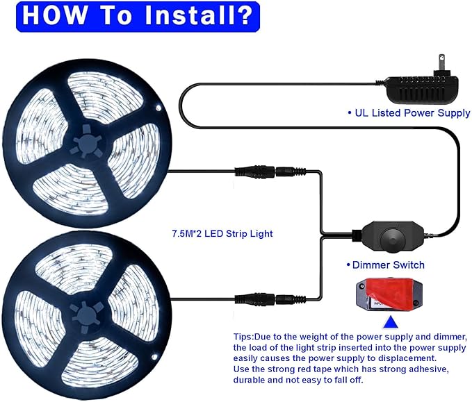 50ft White Led Strip Lights, 12V Outdoor Strip Lights Waterproof Flexible Led Light Strip Indoor Plug in Cuttable SMD2835 Dimmable Led Strip Light for Bedroom Cabinet Kitchen TV Hallway