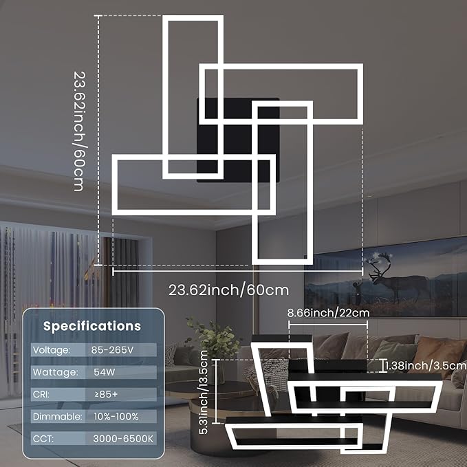 Modern Led Ceiling Light for Living Room,Black Flush Mount Ceiling Lights with Remote Control&APP，3000-6500K Dimmable, 54W Acrylic Ceiling Lamp for Bedroom Kitchen Dining Room