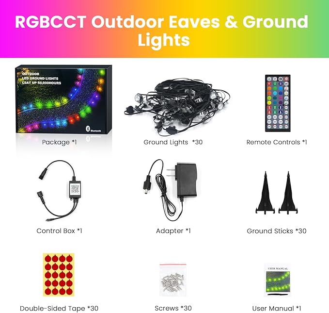 Outdoor Ground Lights 100FT, RGB Permanent Outdoor Lights with Bluetooth & APP Control, Color Changing, Waterproof IP67, Timer for Yard Eaves Landscape Pathway