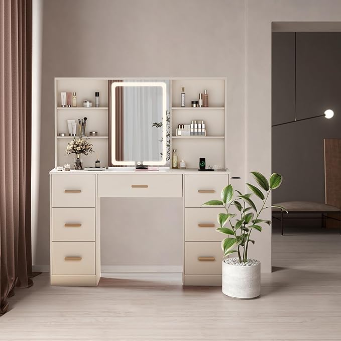 47'' Large Vanity Desk with Mirror and Lights, 7 Drawers, 8 Storage Shelves Vanity Table, Big Makeup Vanity Desk with 3 LED Lighting Modes, Vanity Dresser with Outlet, Sliding Mirror (White)
