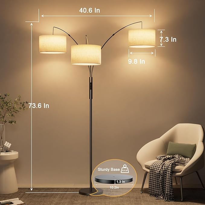36W Corner Floor Lamp Dimmable - 3 Lights Arc Floor Lamps Standing Lamp with Remote & Touch Control, Tall Lamp for Living Room Corner, Bedroom, Office