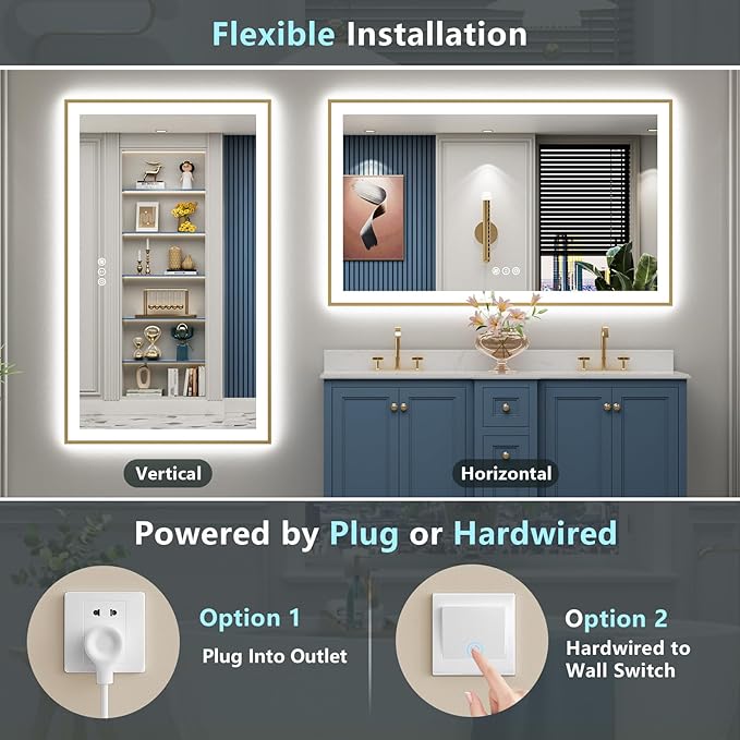 60x40 Gold LED Bathroom Mirror with Lights, Brushed Gold Framed Backlit and Front Lit Anti-Fog Lighted Vanity Mirrors for Bathroom Wall, Dimmable, 3 Colors, Memory, HD Tempered Glass, CRI＞90