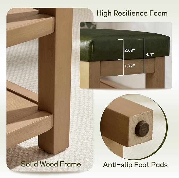Shoe Rack Bench with Leather Cushion, 2 Tier Solid Wood Storage Bench, Mid-Century Modern Shoe Bench for Entryway, Hallway, Closet, Front Door Entrance, Foyer (Green, 31.5)