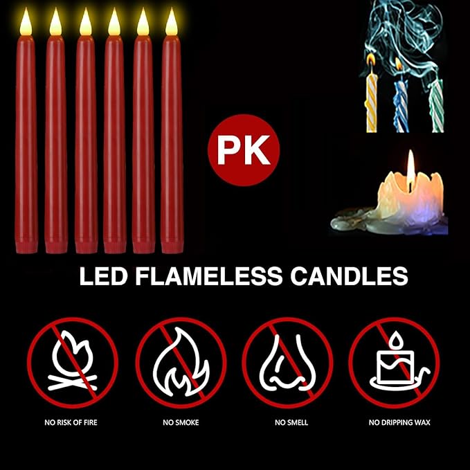 Flameless Taper Candles with Remote Control and Timer, Battery Operated LED Candlesticks with Flickering 3D Flame, 9.6×0.8 Inches Plastic Tall Candles for Christmas, Wedding and Home Decor (Red, 6)