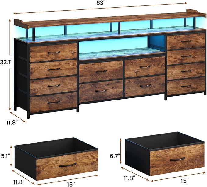 BTHFST 12 Drawers TV Stand Dresser for 65/70 inch TV, Entertainment Center with LED Lights & Power Outlets, 63" Large LED TV Stand, TV Console for Bedroom