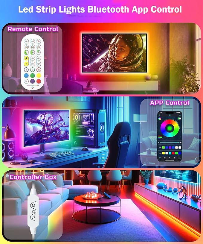 LED Strip Lights for Bedroom 33 FT, IC-RGB LED Lights for Room with Remote Bluetooth APP Control, USB LED Light Strip for Ambient Lighting Room Decor Christmas Halloween