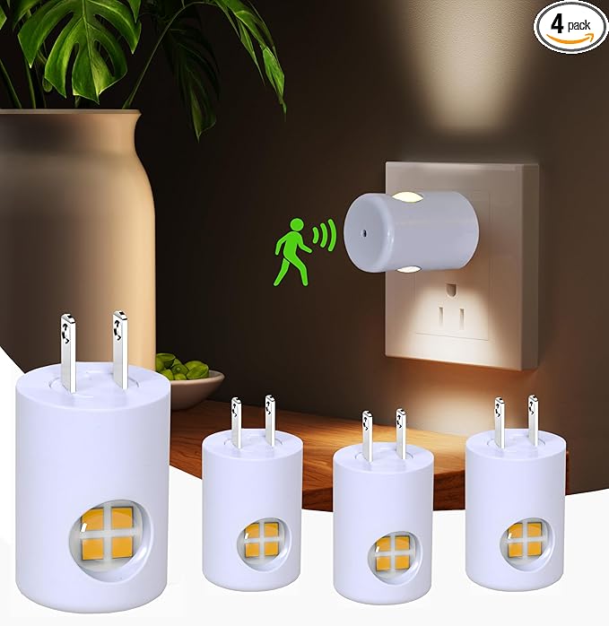 4-Pack Motion Sensor Night Light, Plug into Wall Dusk to Dawn LED Nightlight, Auto On/Off, 5000K Daylight 100 Lumens, Rotatable Plug-in Design for Hallway, Staircase, Bathroom, Bedroom, Kitchen