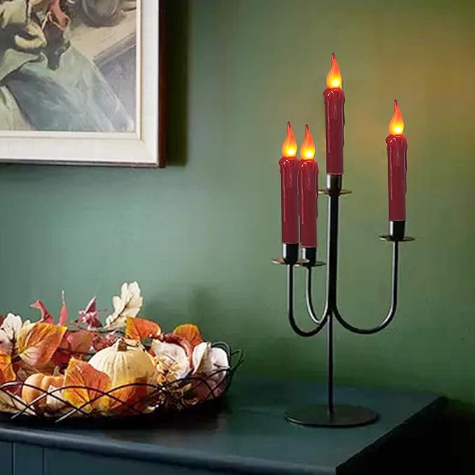 Burgundy Flameless Short Taper Candles, Real Wax Hand Dipped Dark Red LED Battery Operated with Remote, Flickering Flame Lights for Festival Home Décor, 6.7 Inch Primitive Flameless Candles, 2PCS