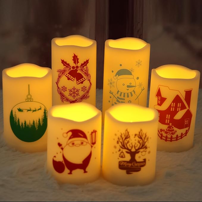 CANDLE CHOICE Waterproof Outdoor Christmas Battery Operated Flameless Candles with Remote Auto Timer Realistic Flickering Electric LED Pillar Lights with Christmas Decals for Xmas Decorations 6 Pack