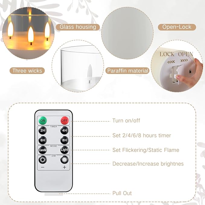 Retisee 6'' x 6'' Extra Large Flameless Candles, 3 Wick Glass Large Candles with Remote Control and Timer Function, Real Wax LED Pillar Flickering for St. Patrick's Spring Party Decor(Clear,1 Pcs)