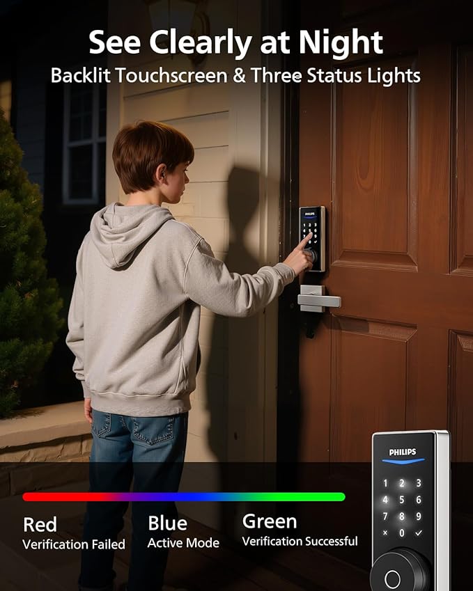 Philips Built-in WiFi Smart Lock, Keyless Entry Door Lock with App, Touchscreen Fingerprint Door Lock, Compatible with Alexa & Google, Splash-Proof, Includes 8 Batteries, Nickel