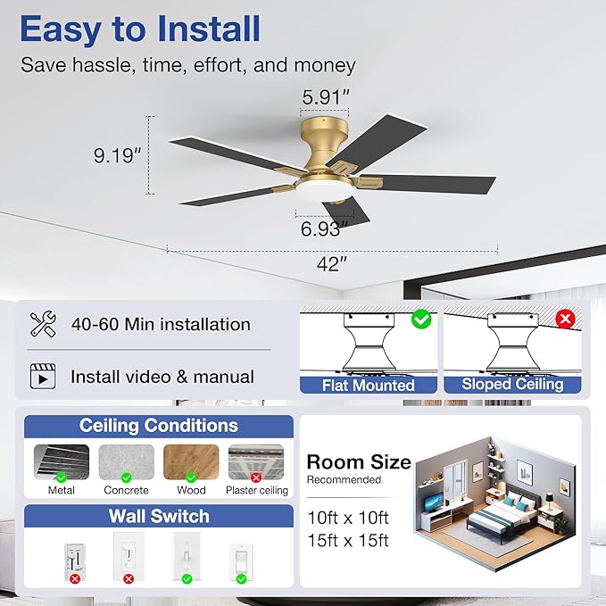 42 Inch Ceiling Fans with Lights,Smart Low Profile Ceiling Fan with Light and Remote Control,Modern Flush Mount Ceiling Fans for Bedroom,Patio,Porch,Outdoor Indoor Use,in Black White and Gold,Quiet