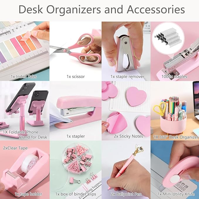 Office Supplies,Desk Accessories,with Stapler,Tape Dispenser,Staple Remover,Scissor,Ballpoint Pen,Sticky Notes,Clear Tape,Staples,Desk Organizer,Phone Stand,Binder,Index Tabs,Best gift set(Pink)