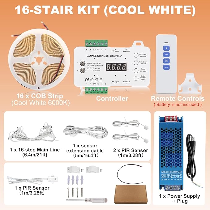 Smart Motion Sensor Stair Light for Indoor, No Wiring Required 40 inches Long COB LED Stair Lights Indoor with Remote Controller (Cool White 6000K, 16 Stairs)