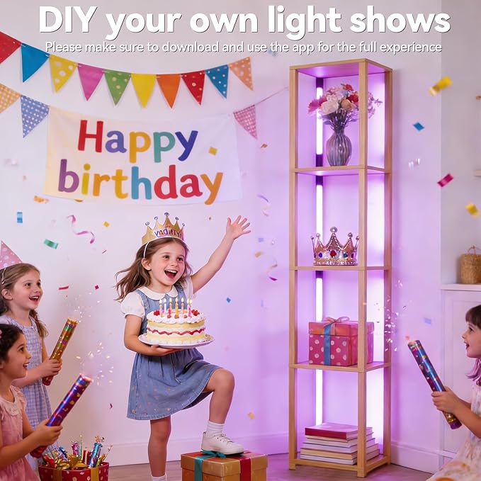 RGBCW Floor Lamp, Smart Modern Floor Lamp with Music Sync, Color Changing Corner Display Shelf Lamp, Standing Lamp with Shelves for Living Room and Bedroom, Office, Home Décor