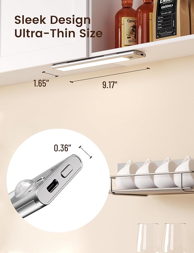 Joyzy 2 Pack 66 LED Motion Sensor Closet Lights, 9.2’’ Rechargeable Under Cabinet Lighting Magnetic 3 Color Temps & Dimmable Under Counter Light Motion Activated Pantry Light (110 Lumen)
