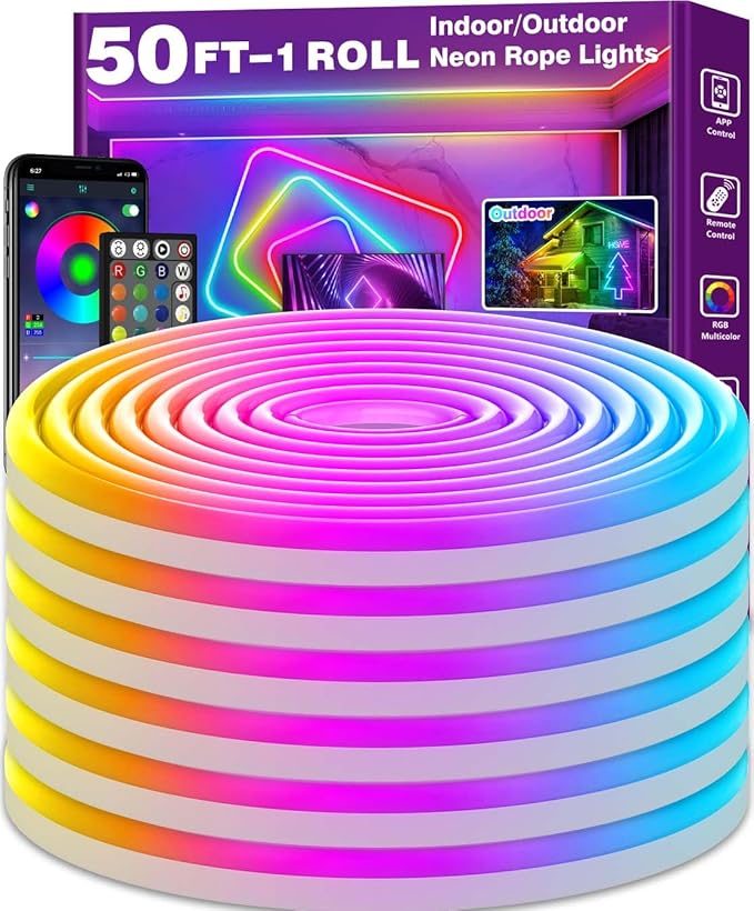 32.8Ft Neon Rope Lights,Flexible Led Rope Lights Control with App/Remote,Multiple Modes RopeLights,IP65 Outdoor RGB Led Neon Lights NonWater Resistant,Music Sync Gaming Led NeonLight Strip (50FT)