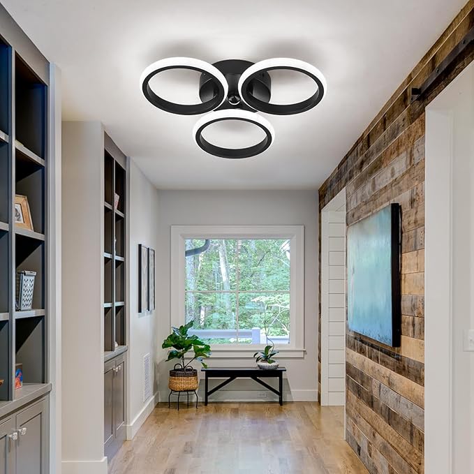 ZGLAOJT Led Motion Sensor Light Indoor 24w Semi Flush Mount Ceiling Light Fixture Black 6000k Modern White Light for Hallway Porch Stair Closet Laundry.