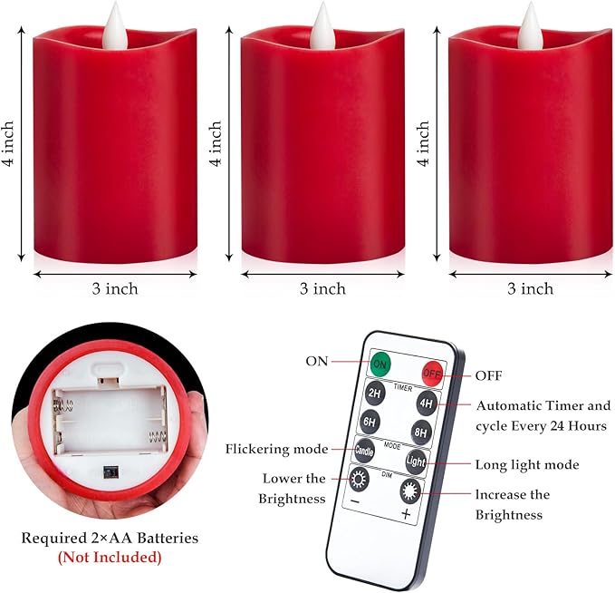 3-Pack 3x4 inch Flameless Candles: Realistic Flameless LED, Battery-Powered Pillar Candles with Remote & Timer, Fake Candles for Fall Decor, (Red, 3"*4"-3pcs)