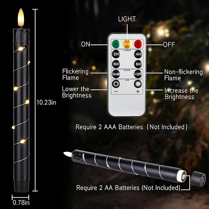 Flameless LED Taper Candles Flickering with Remote & Timer for Halloween Decorations，Battery Operated Candles, Arounded with Starlight String, Party & Home Decoration, Pack of 6,Black
