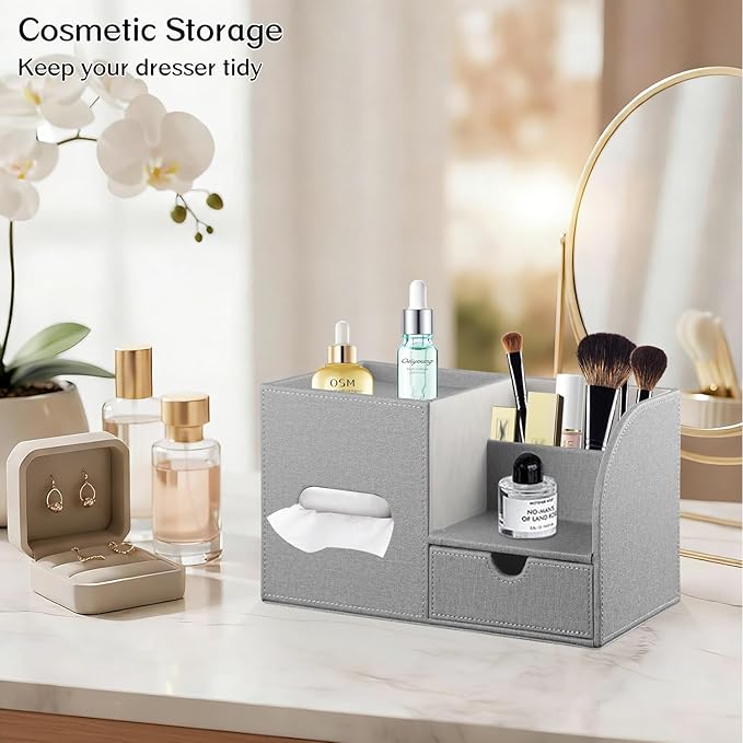 Fanousy Square Tissue Box Cover with Drawer Storage and Tray on Top, PU Leather Tissues Cube Boxes Holder, Modern Nightstand Organizer Caddy, Remote Control Holder for Bathroom, Bedside, Office, Home