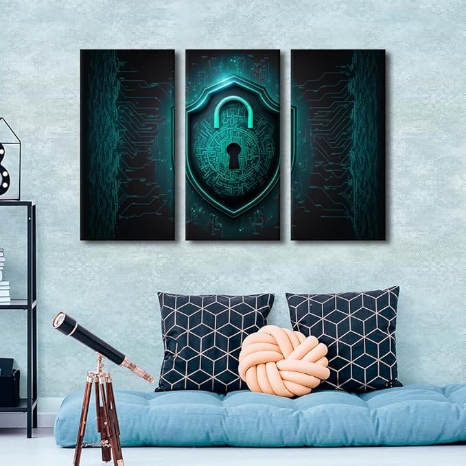 3 Panel Framed Wall Art Colorful Cybersecurity Internet Network Locker Technology for Bedroom Living Room Wall Decoratio, Giclee Artwork Gallery-Wrapped Ready to Hang, 36" Wx24 H