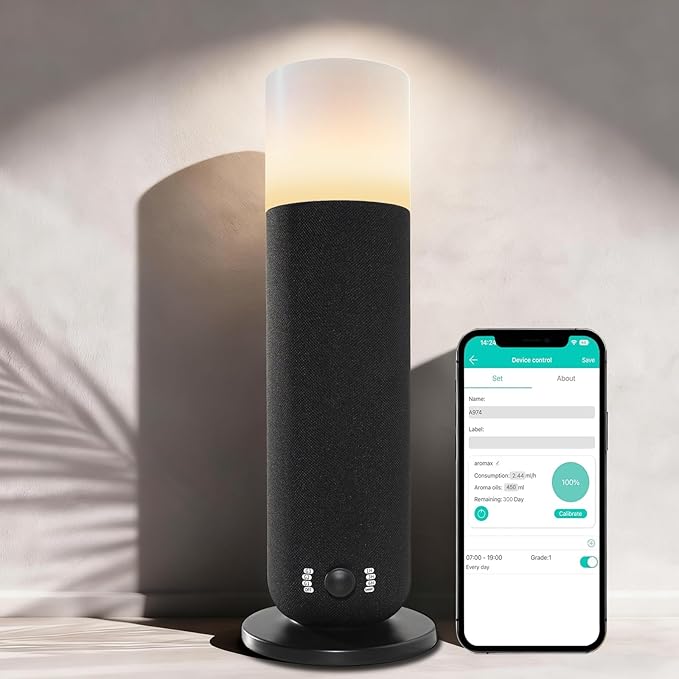 Smart Waterless Essential Oil Diffuser,Scent Diffuser for Home,Hotel Collection Diffuser APP Control,Ambient Lighting,Covers Up to 2000 Sq.Ft Aromatherapy Diffuser for Bedroom Spa Yoga Office Black