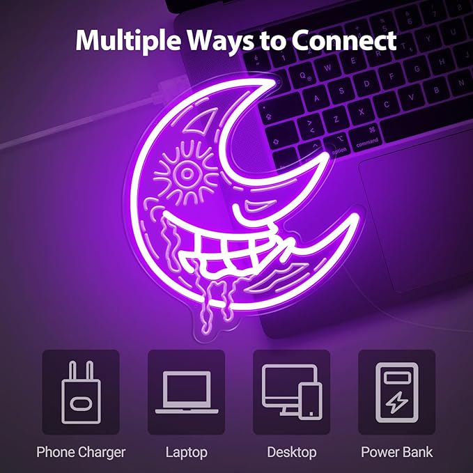 Moon Neon Sign, Purple Scary Devil Drooling Blood Moon Led Sign for Wall Decor with Remote Dimmer, Retro Vintage Psychedelic Mystic Moon Neon Light for Christmas Bedroom Party Gift - 10''