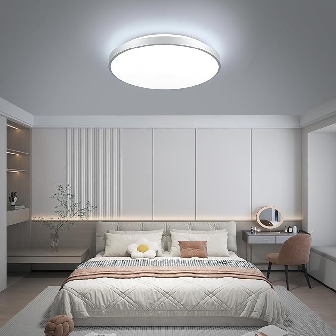 HOREVO LED Bluetooth Ceiling Light with Speaker Remote Control‌ Dimmable RGB Color Changing, Modern Flush Mount for Living Room, Bedroom, Kitchen, Laundry，Silver 16inch