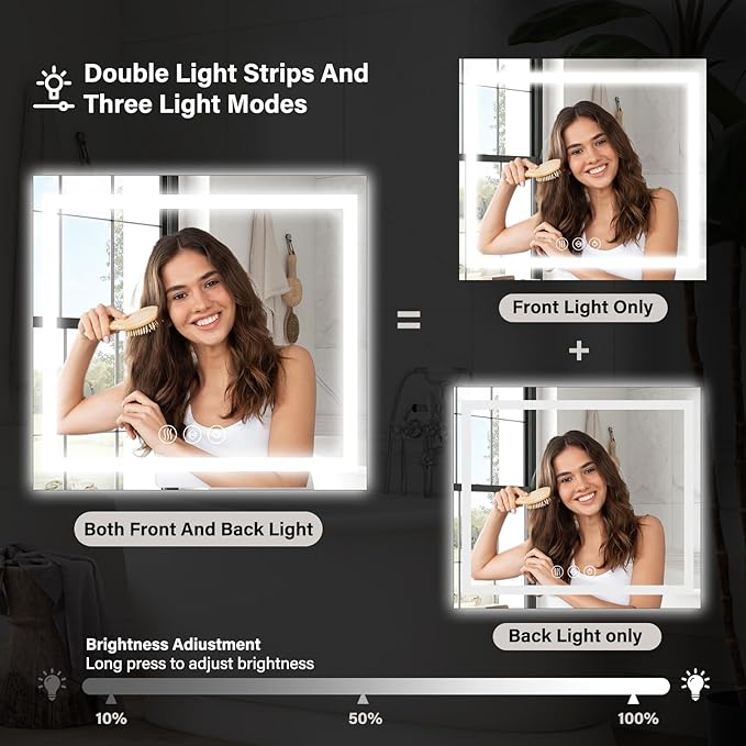 36"x 36"LED Bathroom Mirror, Backlit + Front Lit, LED Bathroom Mirror with Lights for Wall, 3 Colors, Anti-Fog, Dimmable Brightness, Tempered Glass