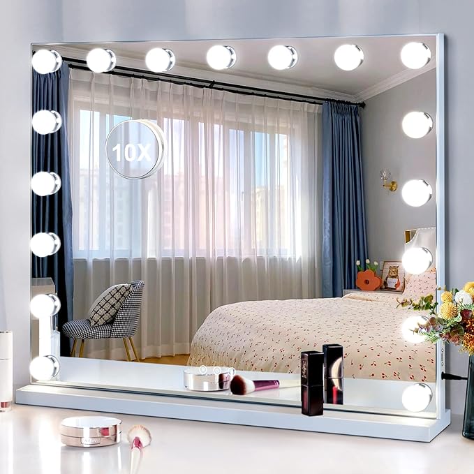Vanity Mirror with Lights -17 Bulbs, 25" x 21" Large Hollywood Vanity Mirror, 10X Magnifying, 3 Colors Modes, Touch Control Mirror with Lights, Tabletop or Wall-Mounted, USB Charging Port