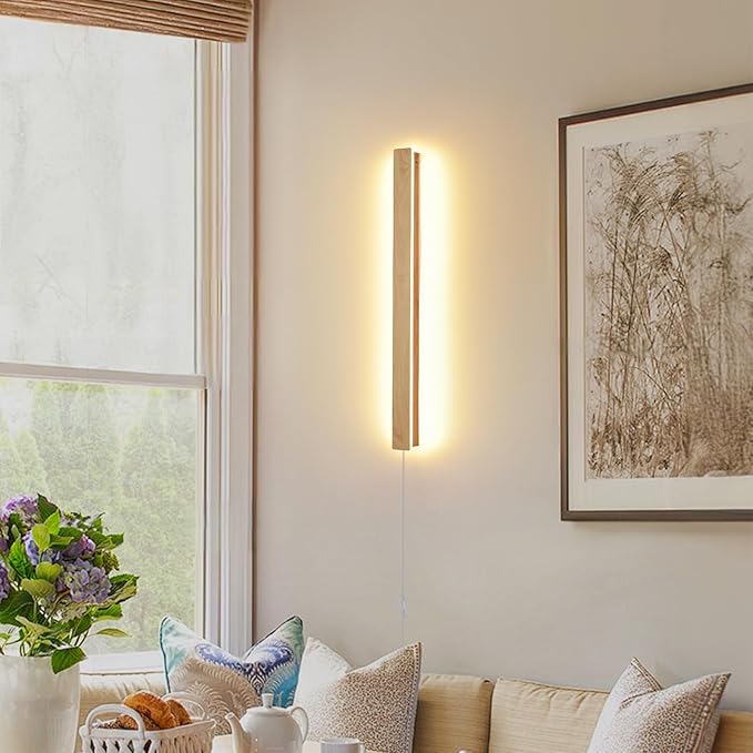 Modern Plug in Wall Sconces, 23.6 inch Faux Wood Texture Finish LED Long Wall Lights, 12W Warm White 3000K Acrylic Indoor Wall lamp,with 59" Plug Cable for Bedroom, Living Room, Bathroom, Hallway