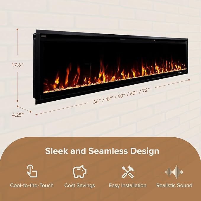 Modern Ember Aerus Slim 72 Inch Smart Linear Electric Fireplace | Recessed in-Wall or Wall-Mount | LED Multiple Flame Colors | Alexa/WiFi Enabled | 4.25” Profile | Remote Included